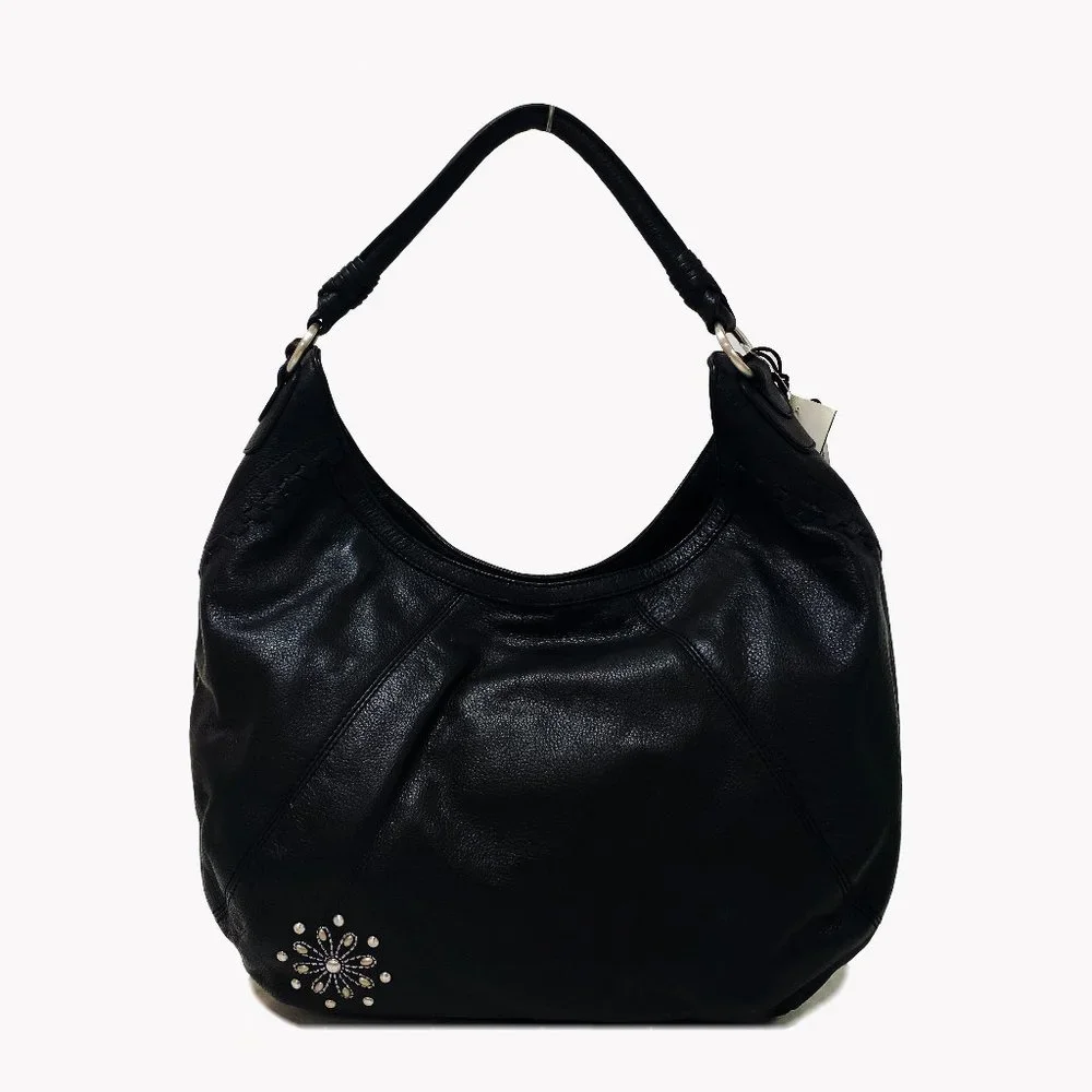 Fiore by Isabella Fiore Black Leather Studded Floral Hobo Bag Whipstitch Tassel